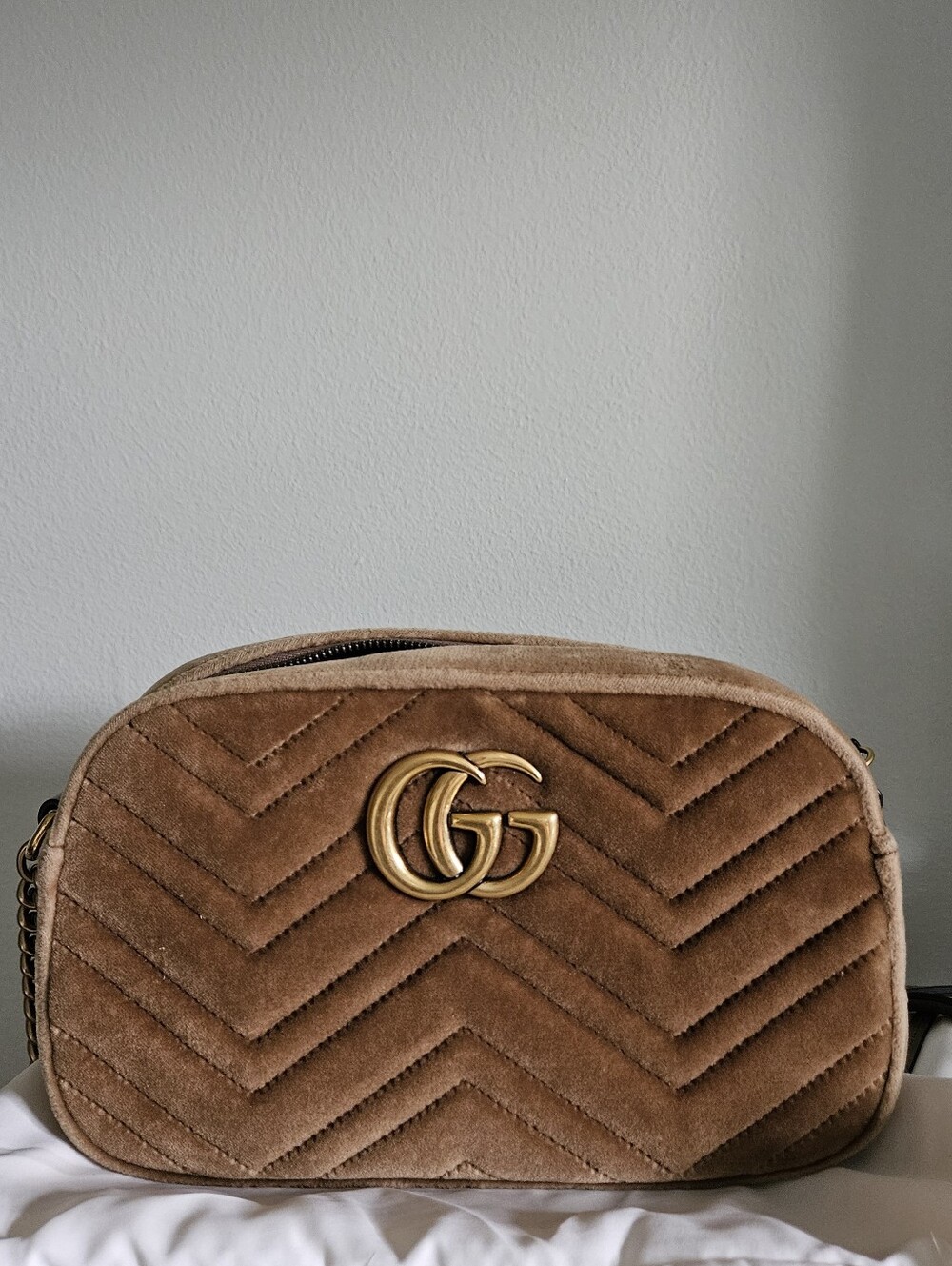 Gucci Marmont Camera Bag Taupe Velvet